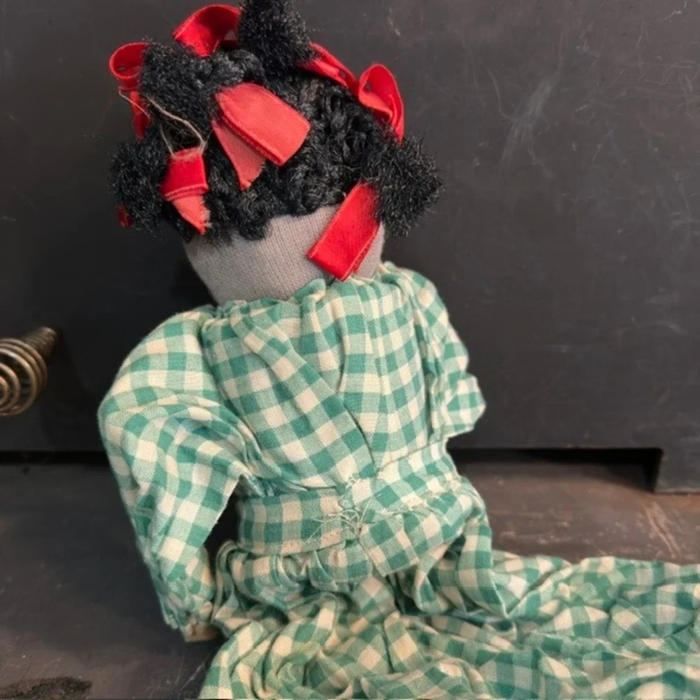 Handmade Vintage Folk Art Rag Doll Green Gingham Wooden Hands Feet 15in Prim